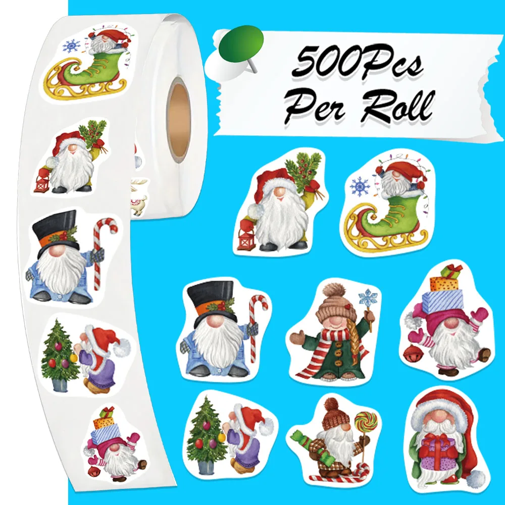 500Pcs/Roll Christmas Gnomes Dwarfs Elves Stickers Festival Decoration 8 Designs 2.5cm/1inch DIY Doodle Scrapbooking Labels