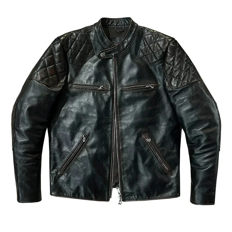 Retro Black Spring Leather Jacket Men Stand Collar Casual Style Plus Size 4XL Natural Cowhide Slim Fit Genuine Leather Jacket