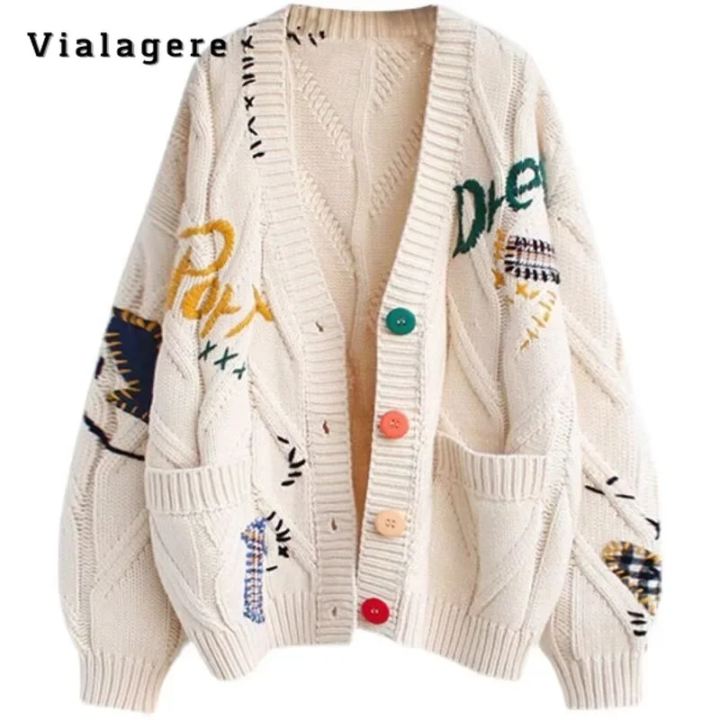 

Women Vintage Y2K Letter Print Knitting Long Sleeve V-Neck Cardigans 2024 Summer Korean Fashion Casual Single Breasted Sweater