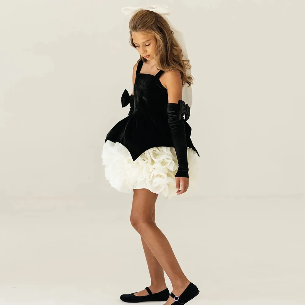 Eightale Flower Girl Dresses Velvet Spaghetti Strap Customized Ruffled Bow Ball Gowns Kid Birthday Party Dress Tutu Dress