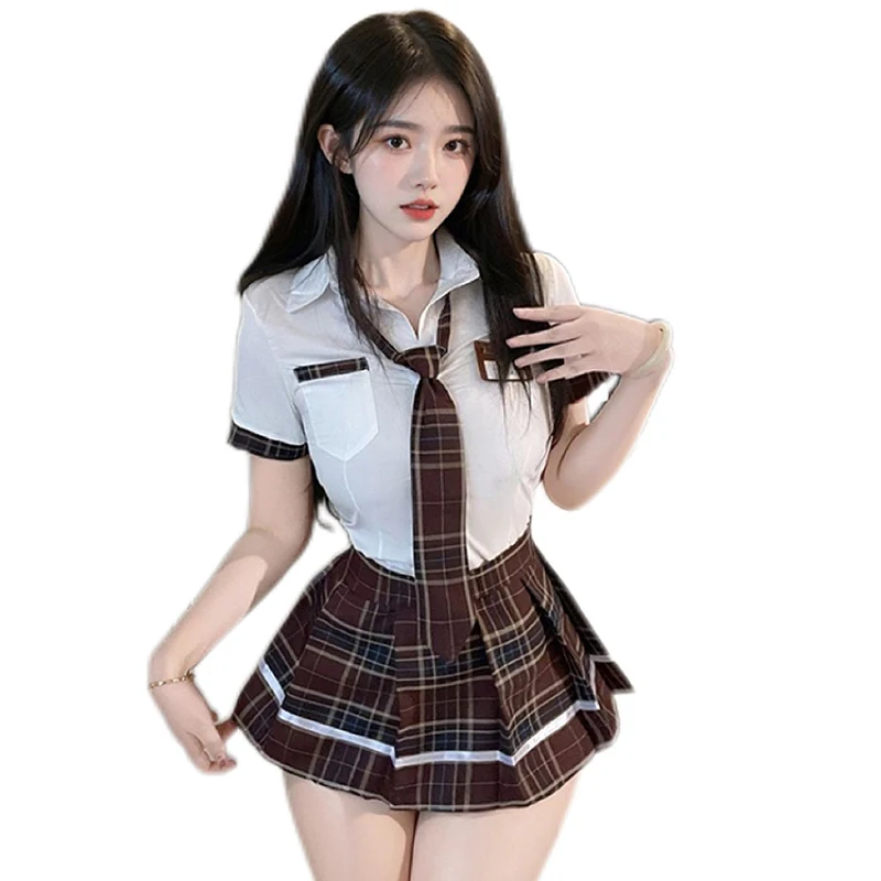 

Womens School Girls Uniform Short Sleeve Shirt With Plaid Pleated Skirt And Tie Cosplay Outfits Anime Themed Party JK Mini Skirt