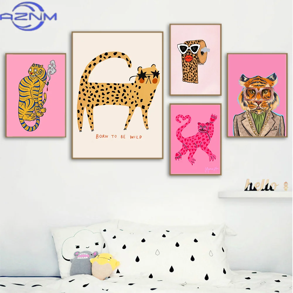 Pink Wall Art Tiger Leopard Print Roll Paper Canvas Painting Nordic Poster Printing Wall Picture Cute Kids Bed Room Decoration