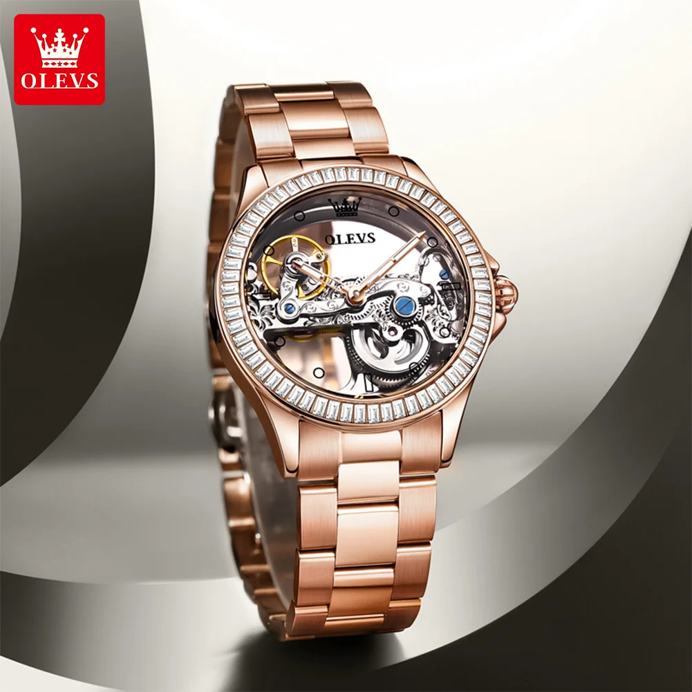 OLEVS Brand New Women Automatic Mechanical Watch Luxury Brand Elegant Ladies Clock Rose Gold Stainless Steel Skeleton WristWatch