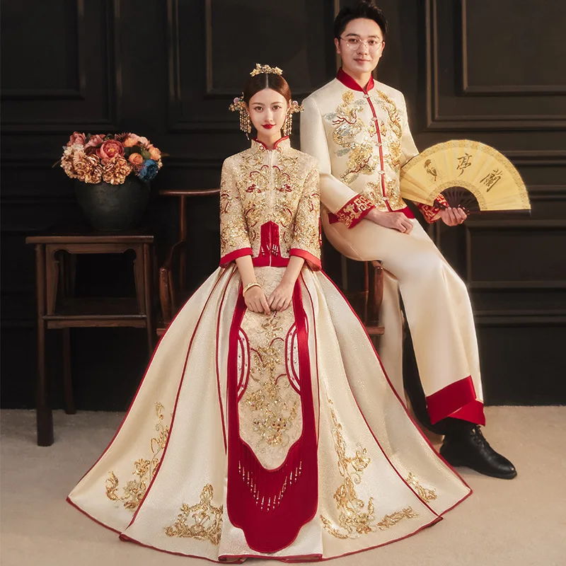 

Chinese Traditional Gold Wedding Dress Embroidery Phoenix Banquet High-quaity Classic Cheongsam China Qipao костюм для восточных