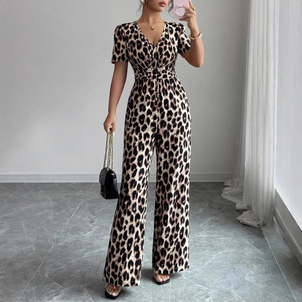 Women New American Vintage Leopard Print V Neck Jumpsuit Ruched Waist Wide Leg Romper Flattering Casual Streetwear