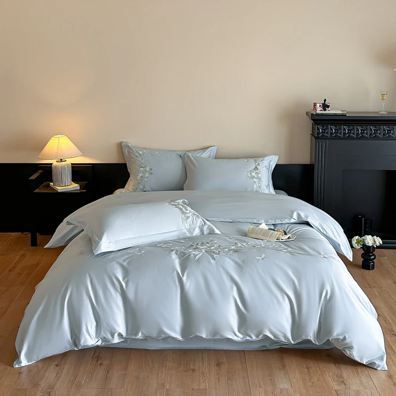 Cotton Embroidery Bed Linens Double Ru Queen King Full Size Bedding Set Sheet Blanket Cover Pillowcase