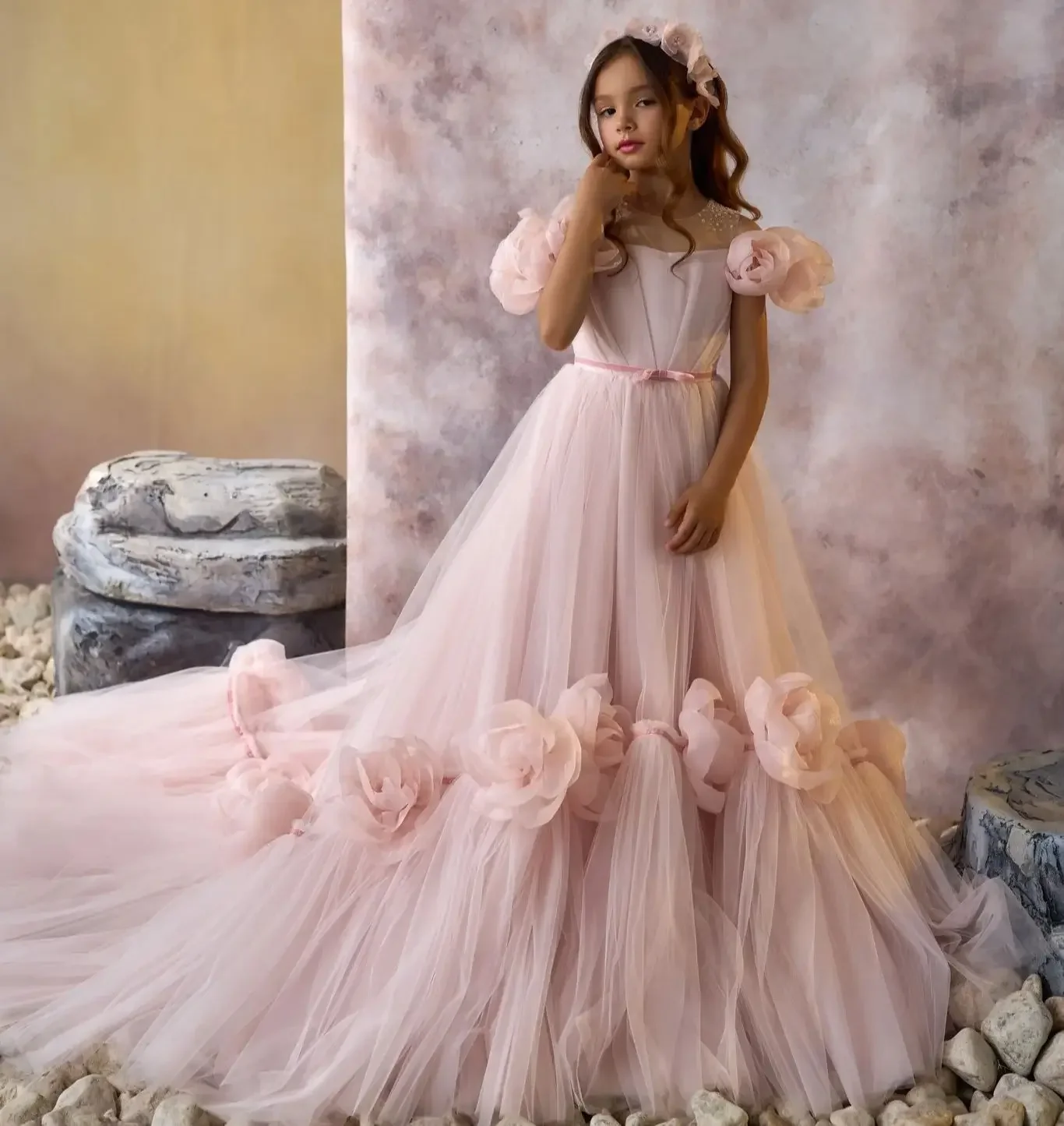 

Pink/White Flower Girl Dresses Floral Decorations Birthday Party Gowns Customized Beaded Kids First Communion Dresses