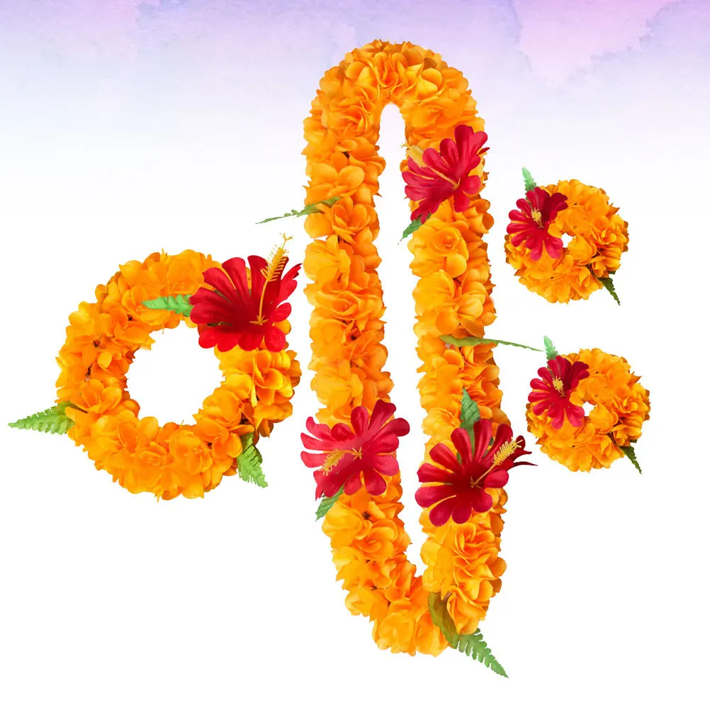 

4pcs Hawaiian Leis Party Thick Garland Artificial Flower Headband Neck Loop Bracelet Set Lifelike Floral Wreath Tropical Beach