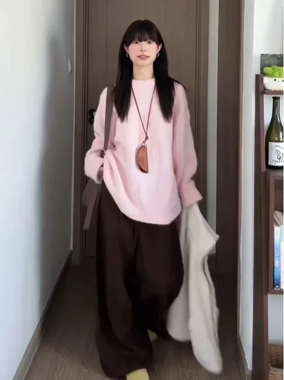 

Loose Women's Knitwear Sweater Comfortable Korean Sle Autumn Winter New Arrival Sweet Sle Fce Long Sve round Ne