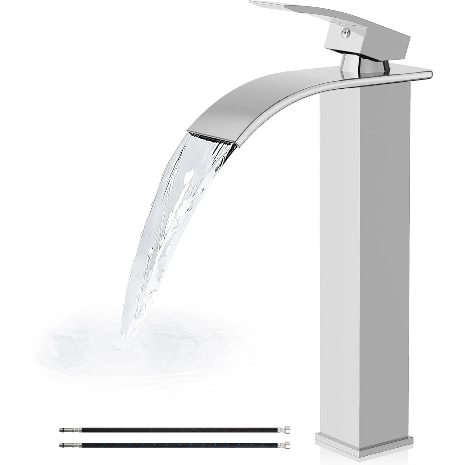 

Tall Waterfall Vessel Sink Faucet, Single Handle One Hole Bathroom Mixer with Large Rectangular Spout for Vanity, Chrome