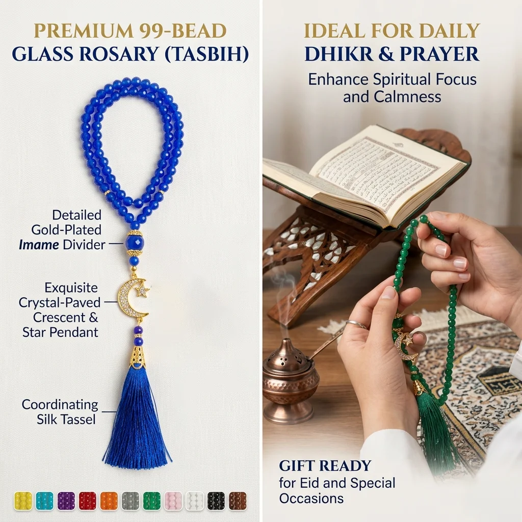Islamic Prayer Beads 99 Tasbih Colorful Glass Crystal Misbaha Moon Star Charm Tassel Sibha Rosary Ramadan Decor Eid Mubarak Gift
