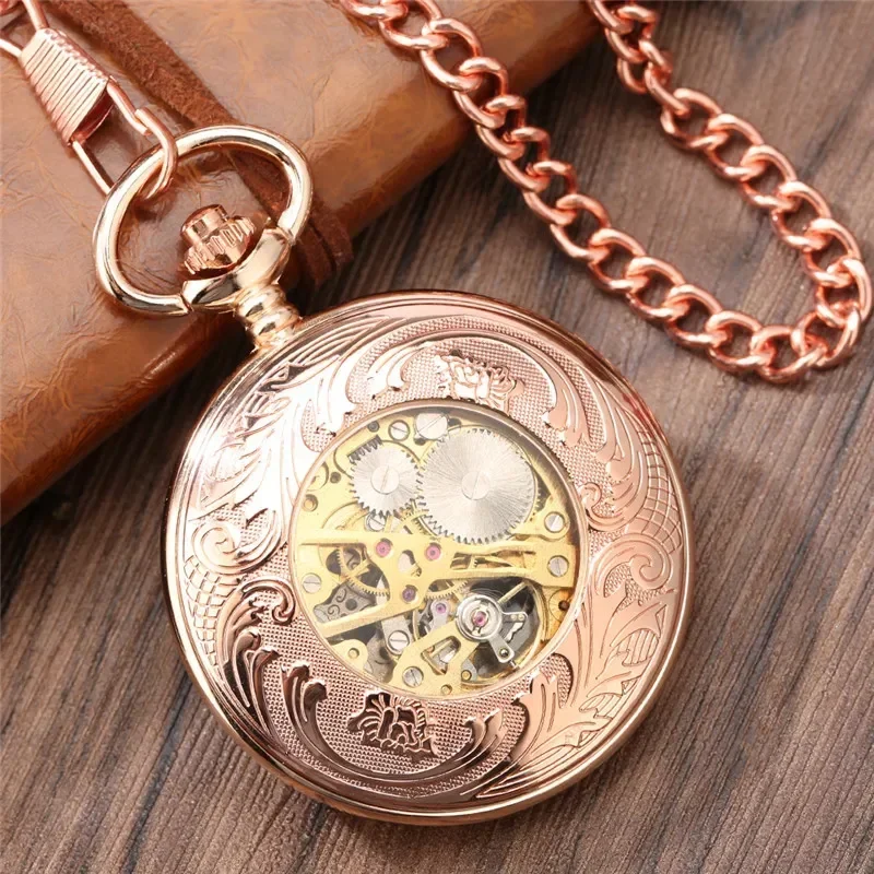 Vintage Hollow-out Flower Roman Number Men Manual Mechanical Pocket Watch Exquisite Pendant Hand-winding Clock with FOB Chain