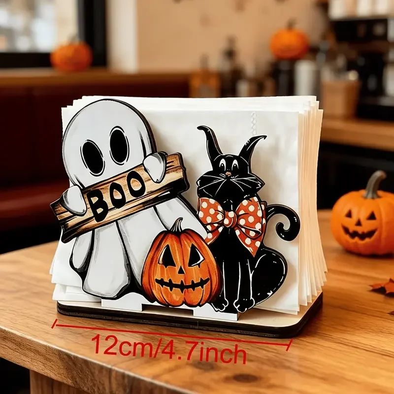 Halloween Wooden Napkin Holder, Cute Black Cat Pumpkin BOO Table Napkin Dispenser, Fall Halloween Table Centerpiece Decor, Spooky Farmhouse Kitchen Dining Table Decorations for Halloween Party Home Decor