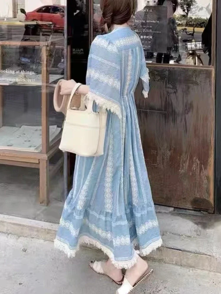 2024 Summer Casual Boho Midi Dress donna Outwear Beach elegante Dress Office Lady manica corta abito intero francese coreano