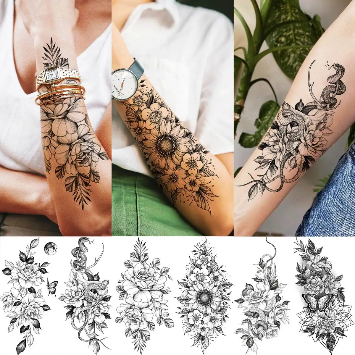 61 Sheets Snake Flower Temporary Tattoos For Women Neck Arm Fake Tattoo Sticker Realistic Floral Rose Butterfly Tatoos Pattern