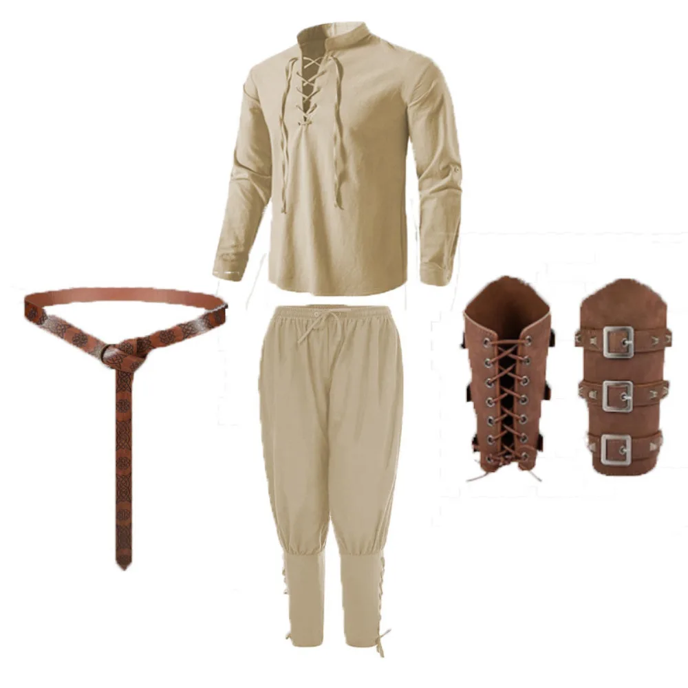 4 Pcs Halloween Men's Renaissance Costume Set Medieval Pirate Shirt Ankle Banded Pants Viking Belt Accessories