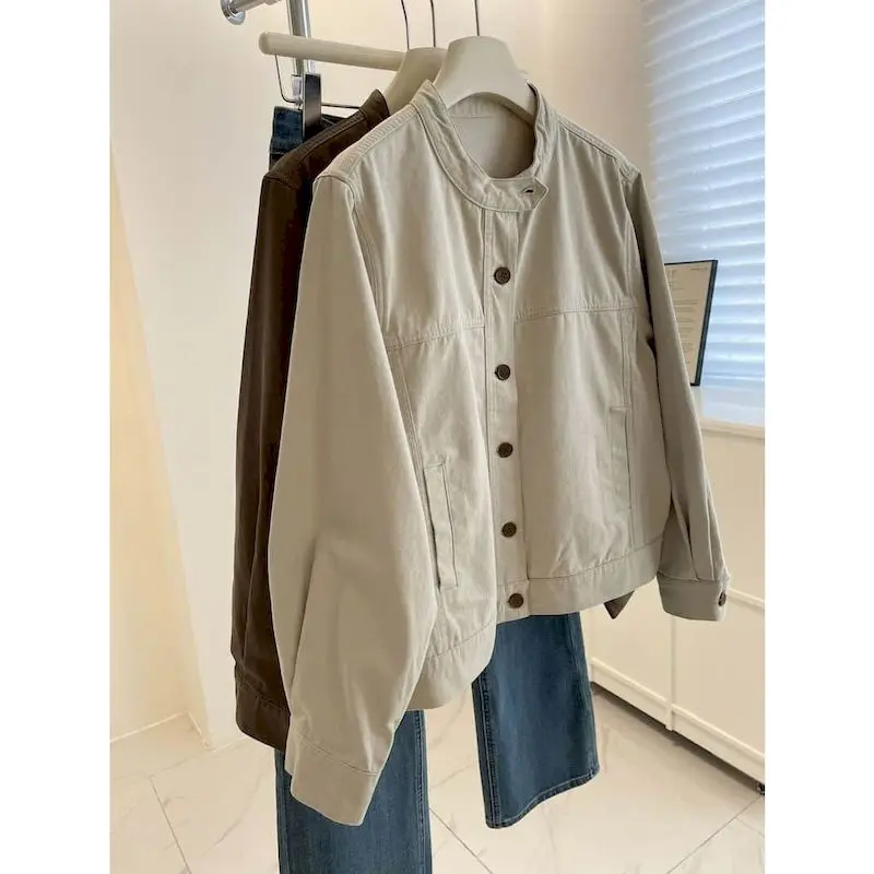 

Бейсбольные куртки для женщин, однотонные винтажные свободные кардиганы в корейском стиле с круглым вырезом, рабочая одежда с длинными рукавами, пальто, женская одежда в стиле Харадзюку