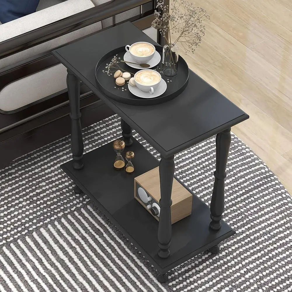 Narrow End Table Wooden Retro Side Table 2-Tier European Design Sofa Side Table Elegant Living Room Plant Stand Storage