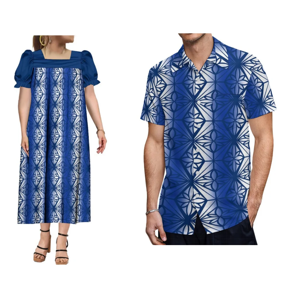 Mumu's-Vestido feminino de manga curta, camisa masculina, terno de casal, vestido estampado vintage polinésio, novo, verão