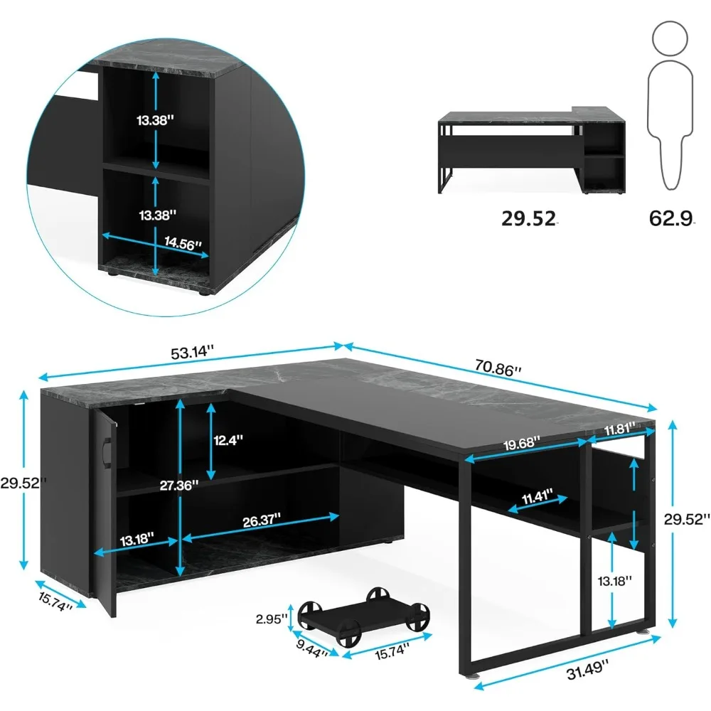 Computer Desk with Cabinet Storage and Shelves, Solid Construction, Exquisite Design, Easy To Assemble, Office Desk, 71 Inch