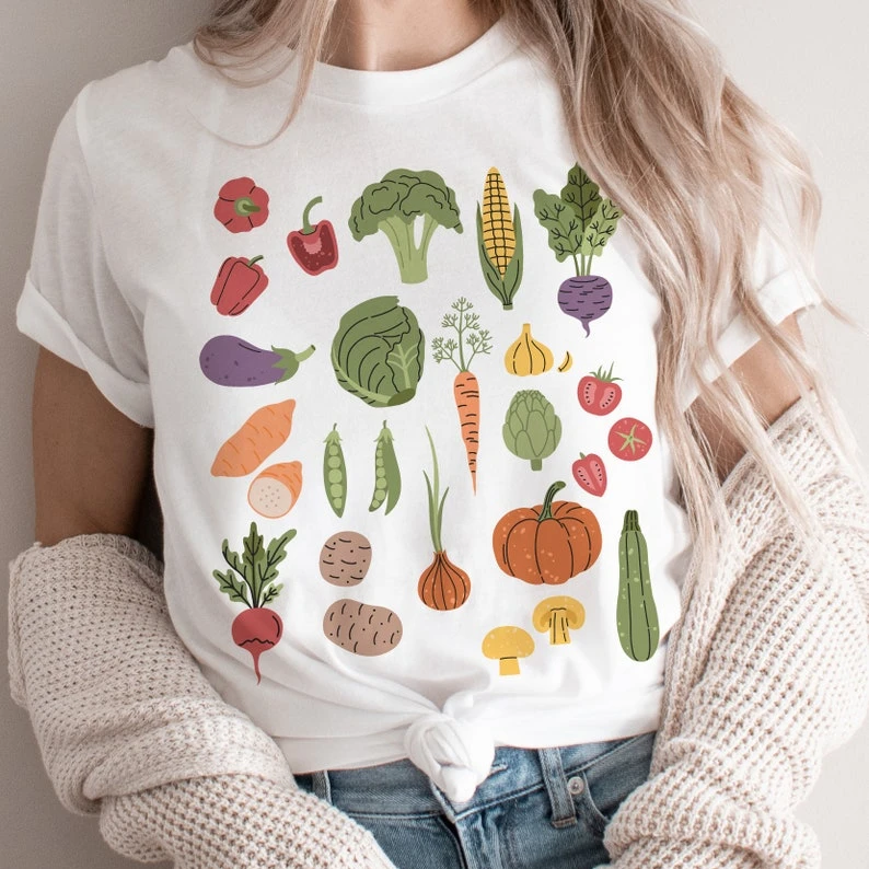 Vegetable Band Print Women T Shirt Harajuku Streetwear Aesthetic Graphic Tee Cotton Short Sleeve Funny Female Tops Clothes Tees