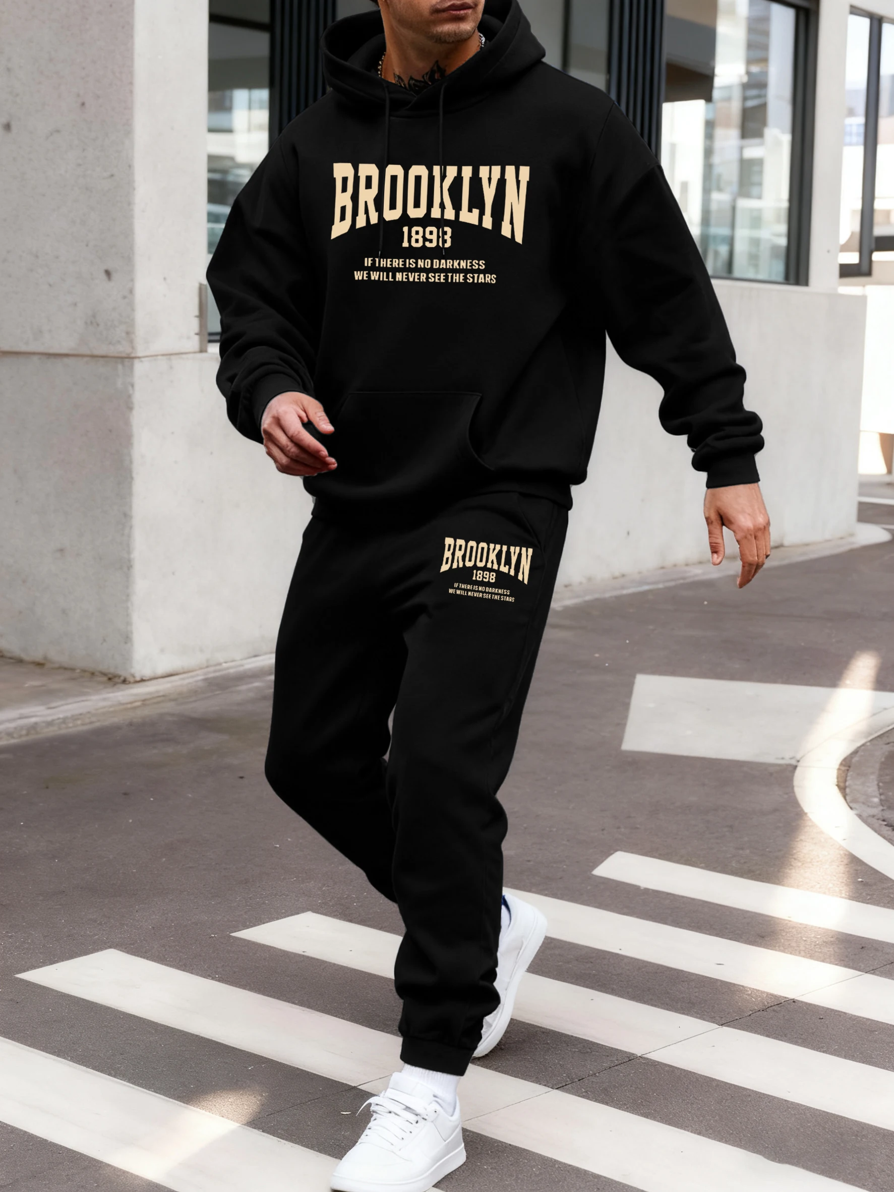 

Brooklyn 1898 Letter Print Jogging Pants Men Fleece Street Hoodie Set Loose Pocket Sweatshirt Casual Soft Sweatpants Autumn Suit