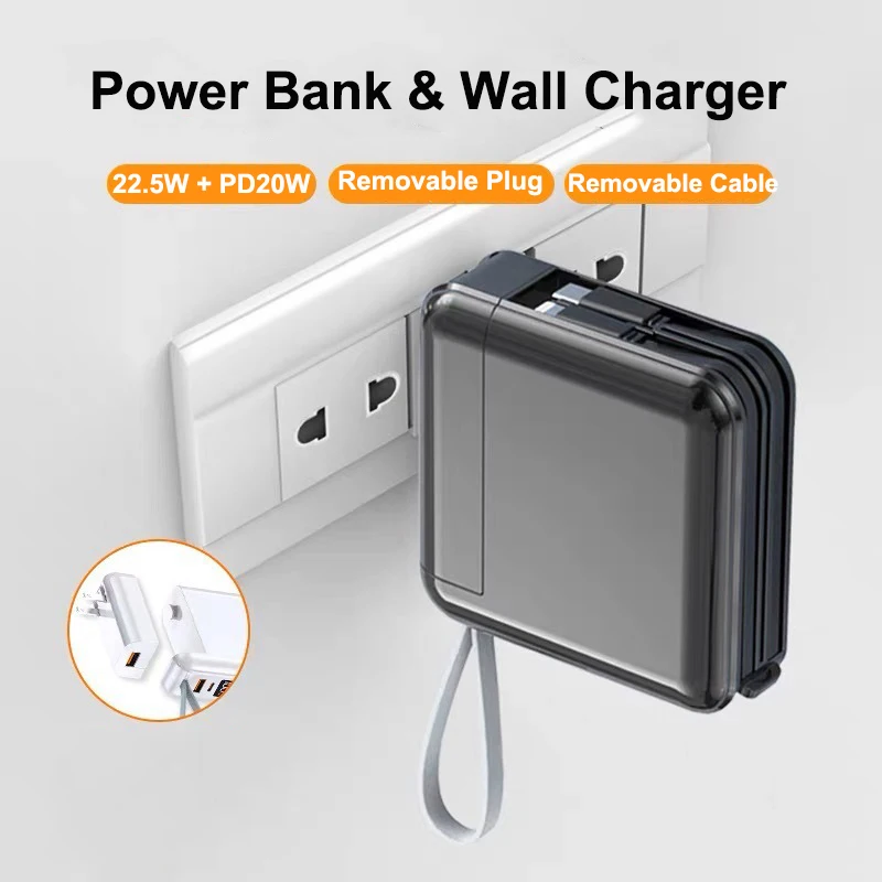 

30000mAh Power Bank Built in Cable Plug Wall Charger Powerbank 22.5W Fast Charging for iPhone 16 Samsung Huawei Xiaomi Poverbank