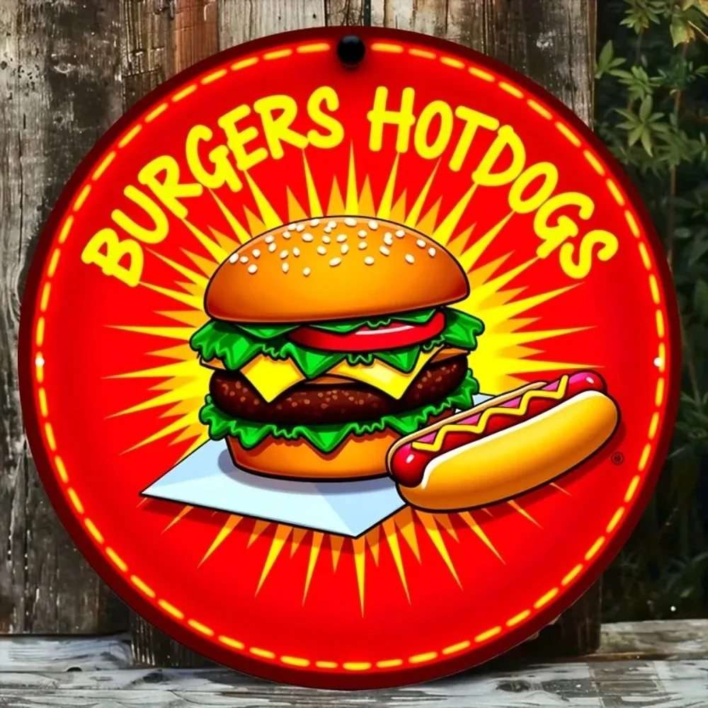 Vintage Neon Burger Tin Sign, Retro Fast Food Metal Wall Art for Home