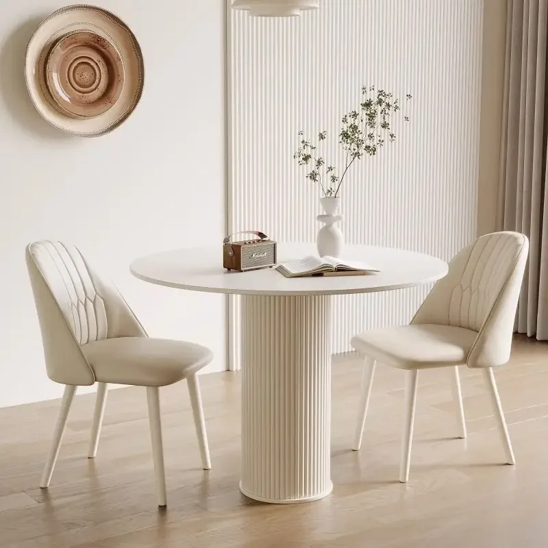 

Cream wind round dining table household small apartment slate negotiation table and chair combination modern simple Roman column