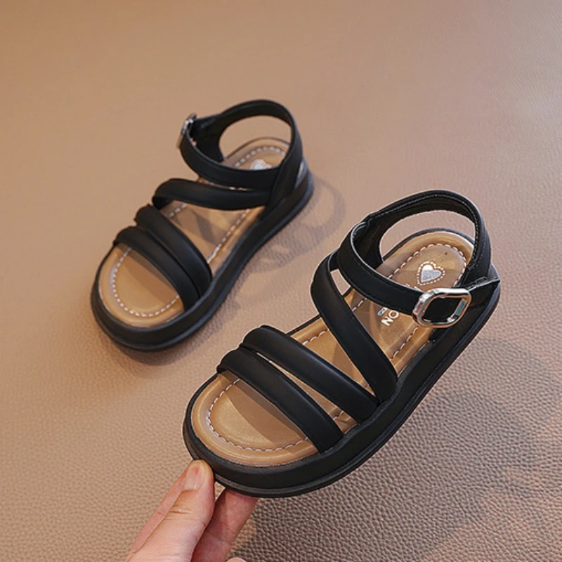 2024 Girl Sandals Summer Fashion Children Causal Beach Shoes Solid Color Kids School Thick Bottom Flat Sandals Open-toe Non-slip