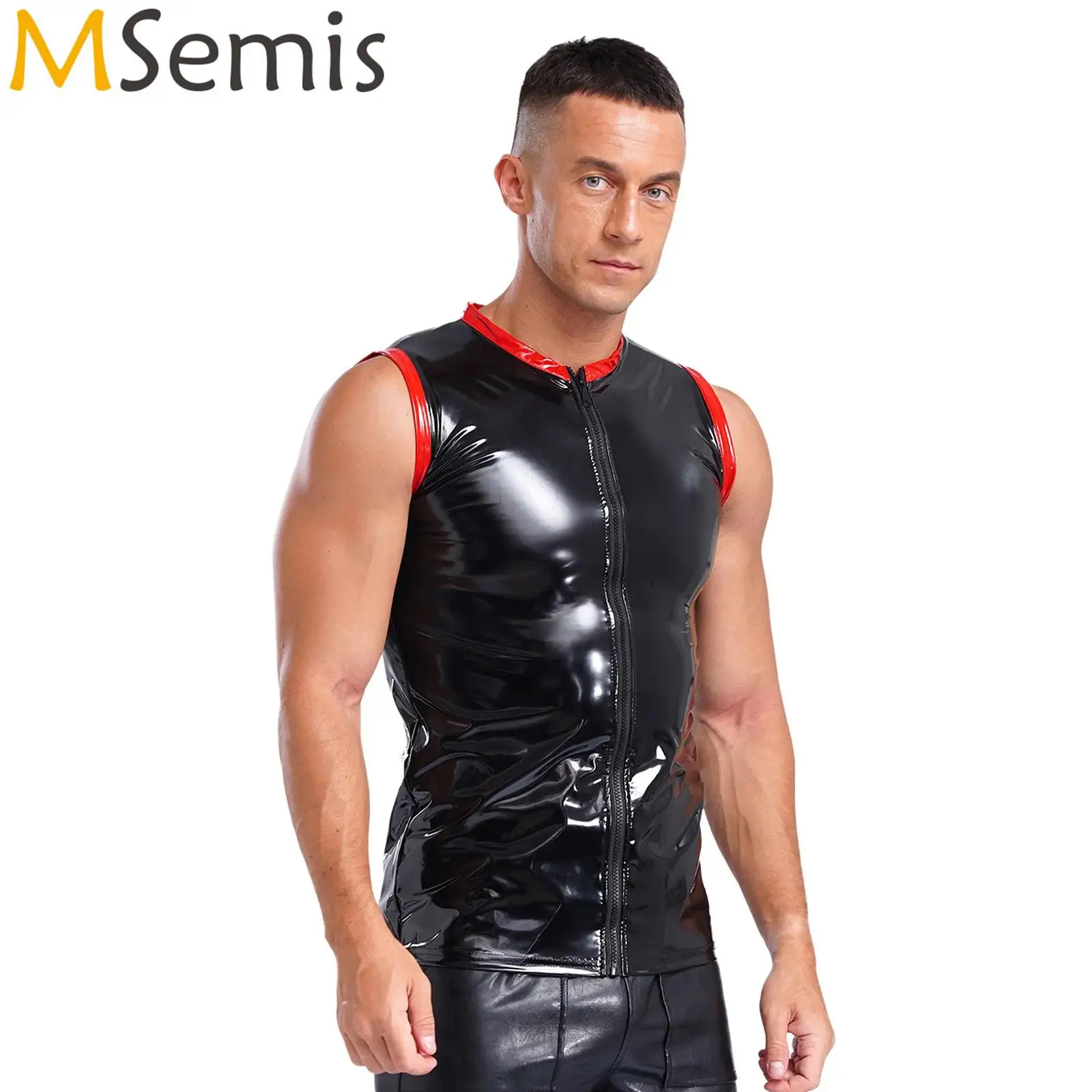 Mens Glossy PU Leather motor Tank Top Round Neck Sleeveless Front Zipper Contrast Compression Jazz Pole Dance Vest Clubwear