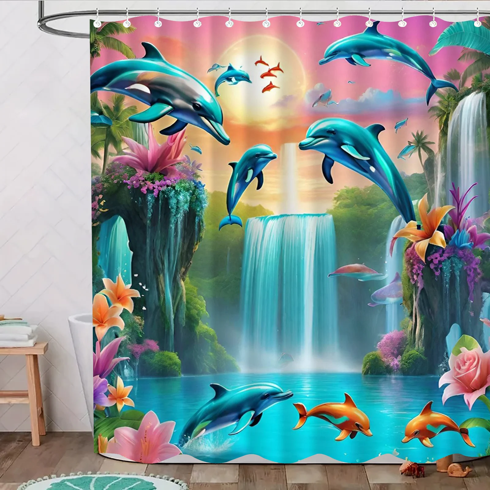 イルカシャワーカーテン防水生地浴室カーテン滝ジャングル風景バススクリーンディバイダー家の装飾フック付き