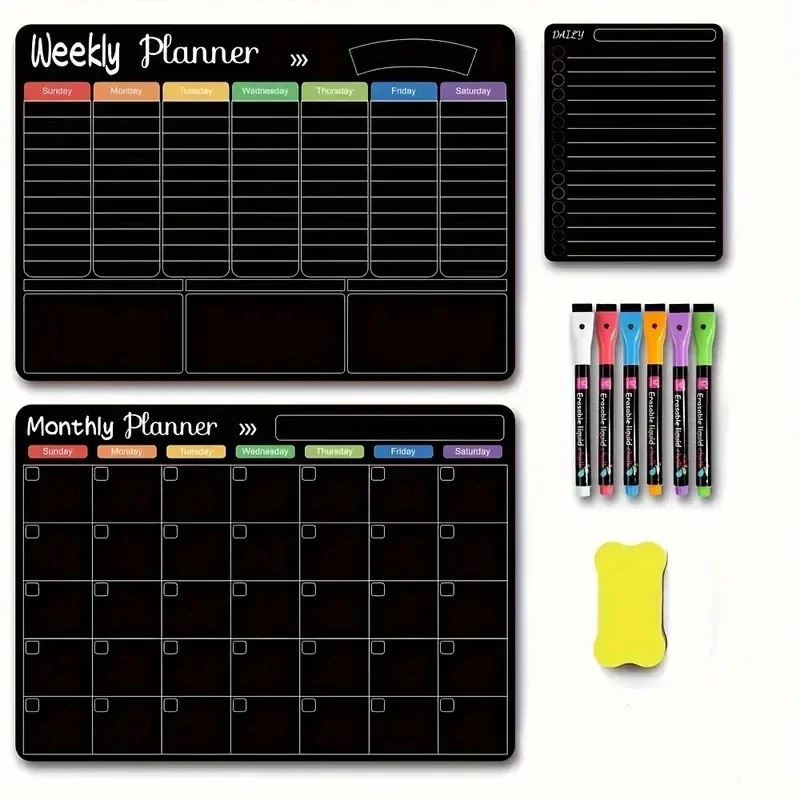 

Magnetic Refrigerator Sticker Planner Set, Reusable Dry Erase Calendar For Monthly, Weekly, And Daily Planning