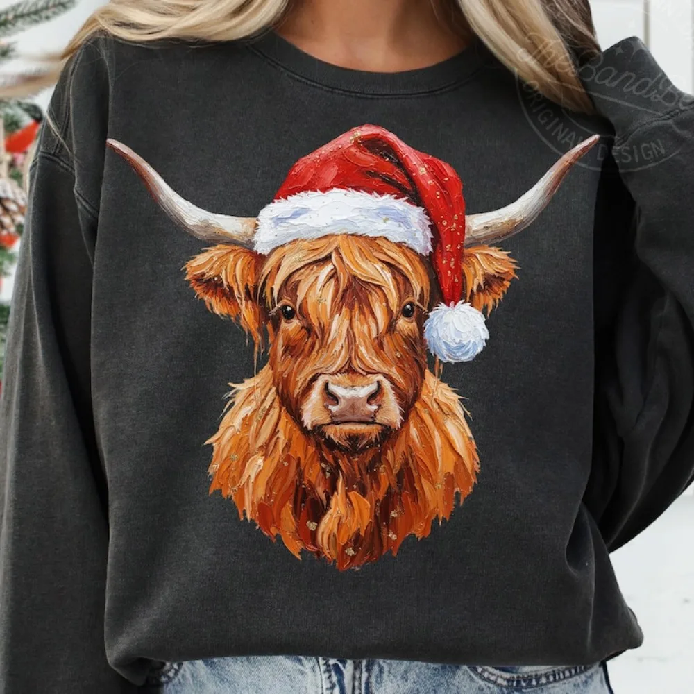 Sweat à capuche pour femme, peint à la main, vache des Highlands, père noël, mignon, vache des Highlands, confortable, hiver, moelleux, vacances de noël, vache des Highlands