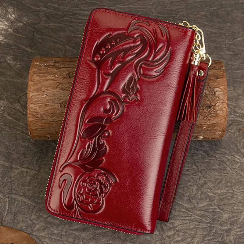 2026 New Genuine Leather Purse Bag Floral Real Cow Leather Wallet Woman Big Female Card Holder Clutch With Wristlet