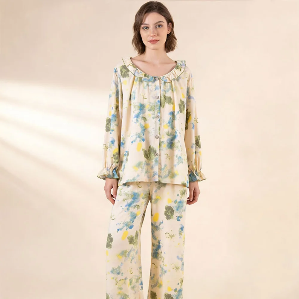 

Two-Piece Women's Pajamas Sleepwear Woman Nightwear 2026 Spring Autumn Long Sleeve Button-Up Top Pyjamas Clothing Female