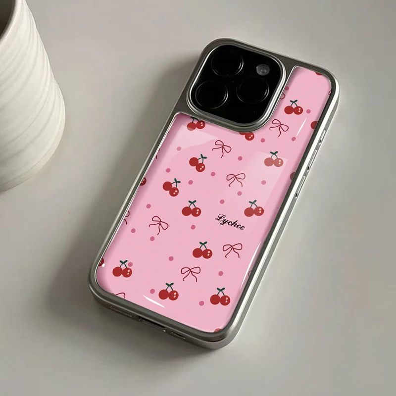 Ins rosa süße Kirschschschleife Hydrogel-Rückplatte Silberrand stoßfeste Handyhülle für iPhone 17 16 15 14 Pro Max