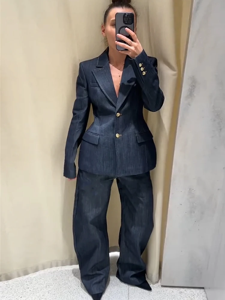 

2025 Chic Street Denim Suit Long Pants Sets Women Chic Lapel Blazer Jacket V-neck Vest Wide Leg Pant Office Lady 3 Pieces Suits