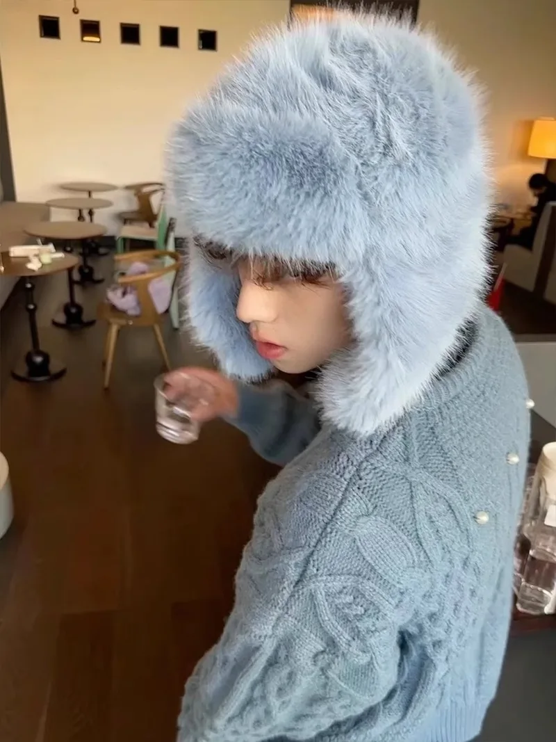 رقيق تقليد فرو المنك منفذها القبعات الرجال الخريف والشتاء النسخة الكورية أفخم الطيار قبعة الإناث Ins مدون الدراجات الباردة قبعة #3