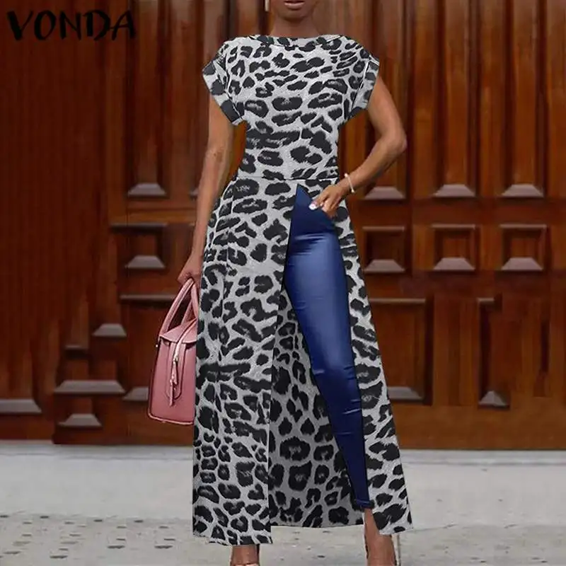 Elegant Leopard Print Blouse Women Tunic VONDA 2023 Female Tops Vintage Long Shirts Office Holiday Split Party Blusas Femininas