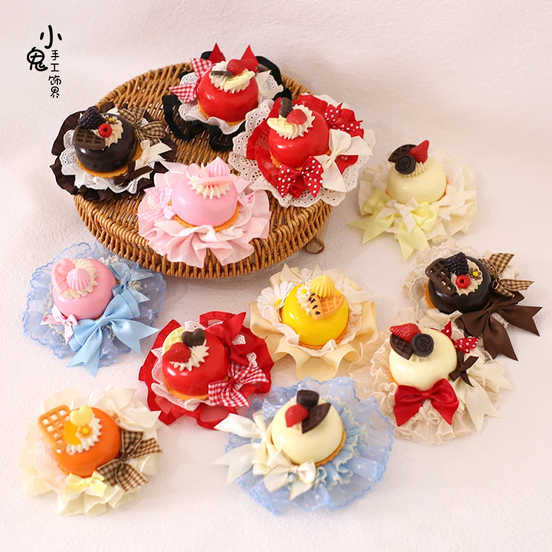 

Original Handmade Sweetheart Cake Lolita Sweet Celebration Cute Sweet Flowers Pills Headgear Pink Blue Coffee Bow Hairpin Girl