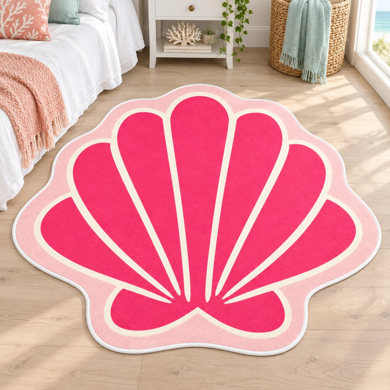 Pink Seashell Shaped Area Rug, Coastal Ocean Floor Mat for Bedroom Bathroom Entryway, Cute Practical Home Decor and Unique Gift