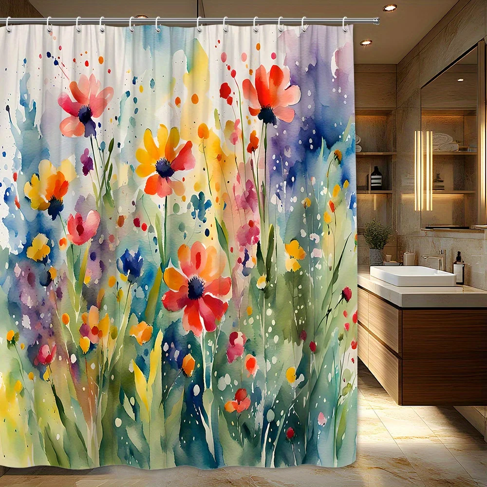 1pc Lush Meadow of Colorful Poppies Shower Curtain, Vibrant Watercolor Style with Red, Orange, and Purple Blooms, Whimsical Natu