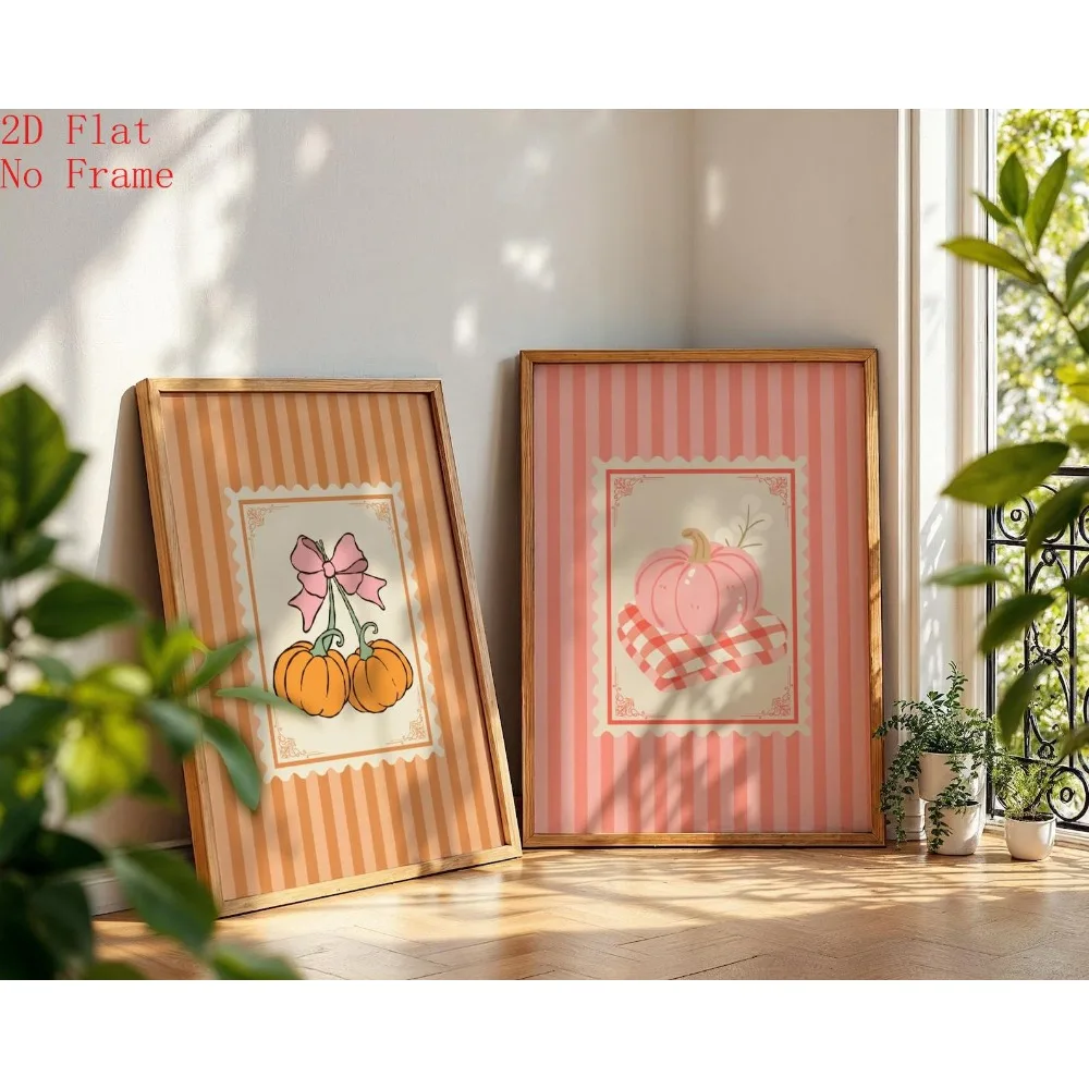 2pcs/Set Halloween Pumpkin Canvas Poster Modern Autumn Cozy Canvas Prints Striped Retro Coquettish Poster for Living Room Decor