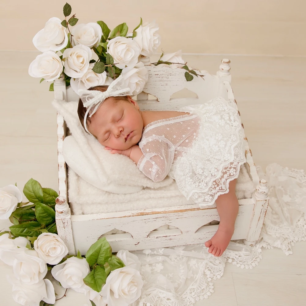 Baby Girl Photography Outfits Lace Princess Dress Infantes Photo Shoot Studio Props Toddler White Mesh Romper Prop Clothing