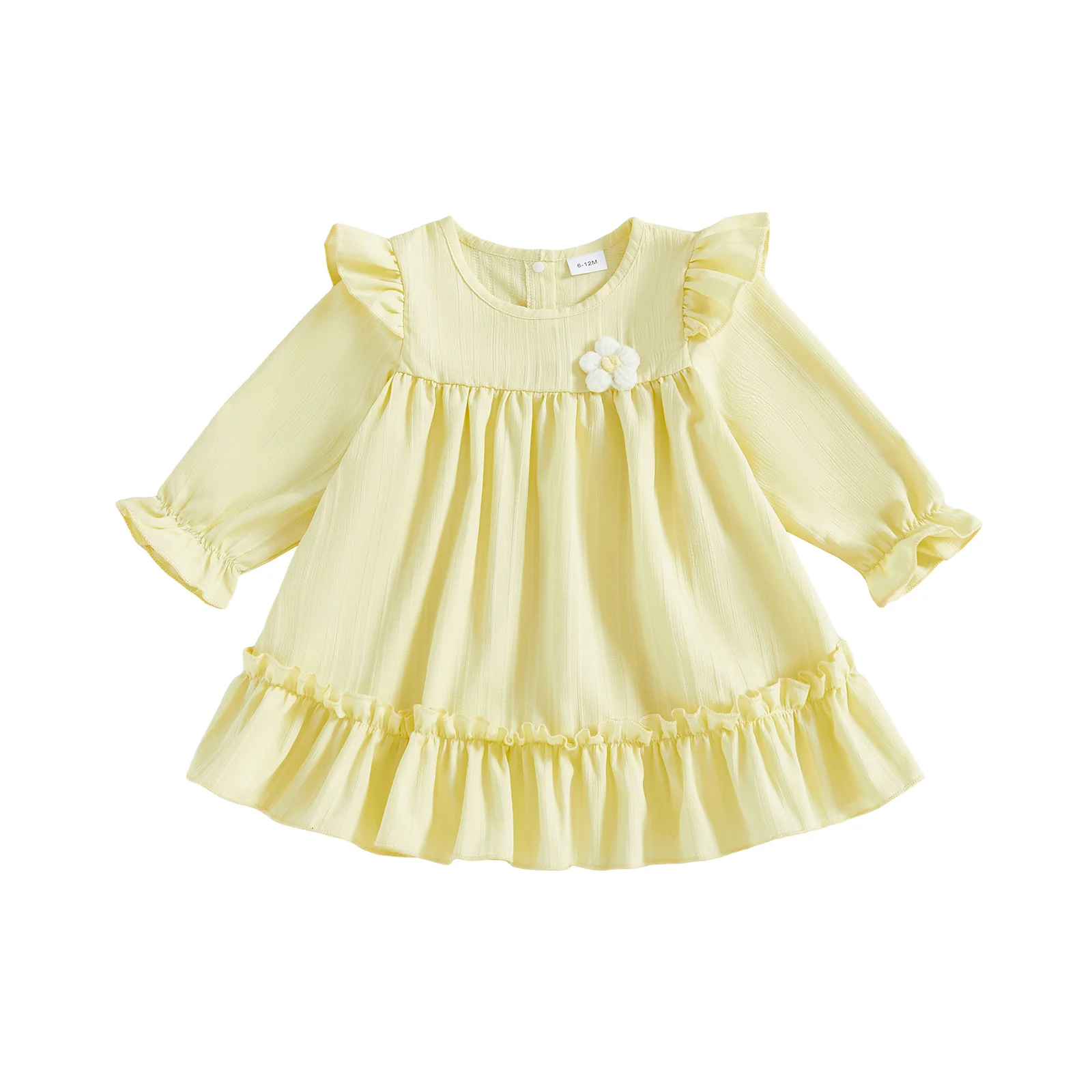 2026 Summer Casual Toddler Infant Kids Girl Fall Dress 3D Floral Round Neck Long Sleeves Cute Ruffled A Line Dress