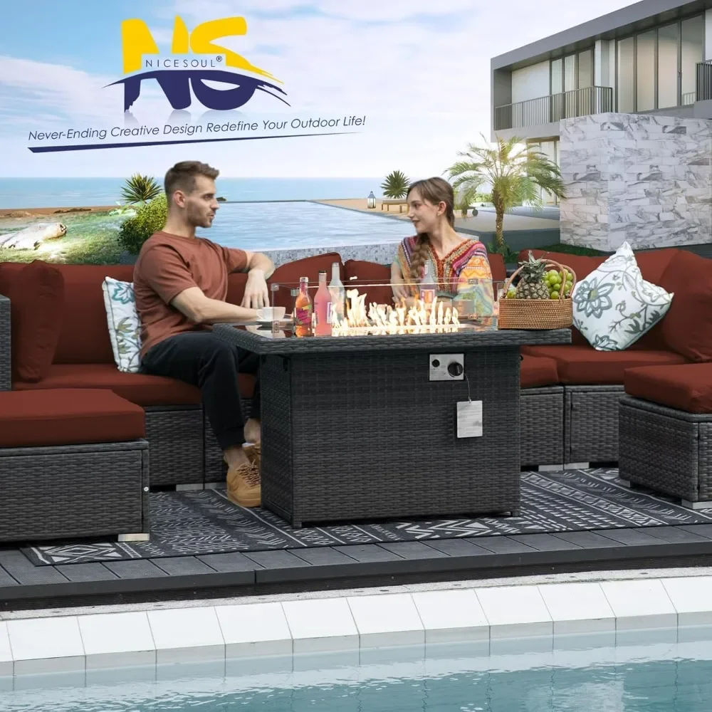 Luxury Outdoor Wicker Sectional Furniture Set with Propane Fire Pit Table Lounge Chair Side Table, Modular Conversation Sofa Set