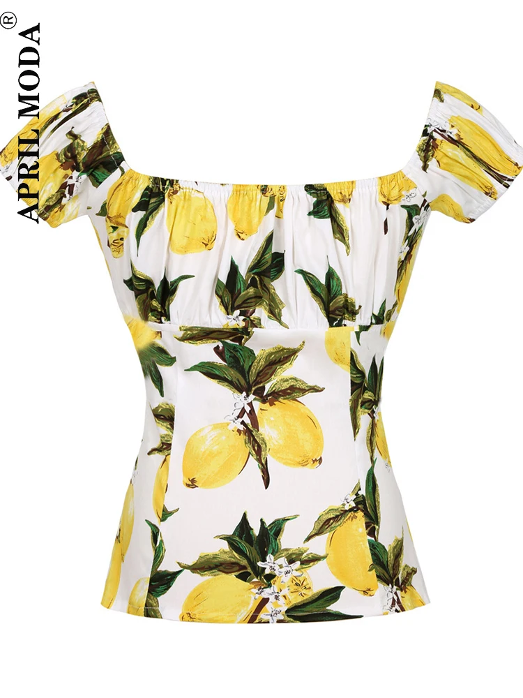 Lemon Print Women Off Shoulder Bandage 50s Tops Blouse Shirt Ladies Short Sleeve Slash Neck 2023 Summer Fashion Dropshipping