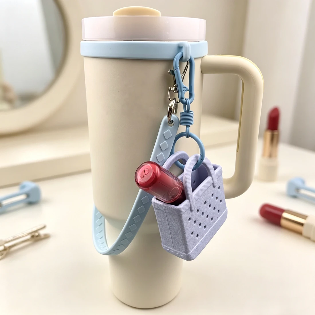 Portable Water Bottle Handle Strap - Cup Sling Carrier Fits Most 12-40oz -Removable Clips,Simulation Beach Bag Keychain Pendant