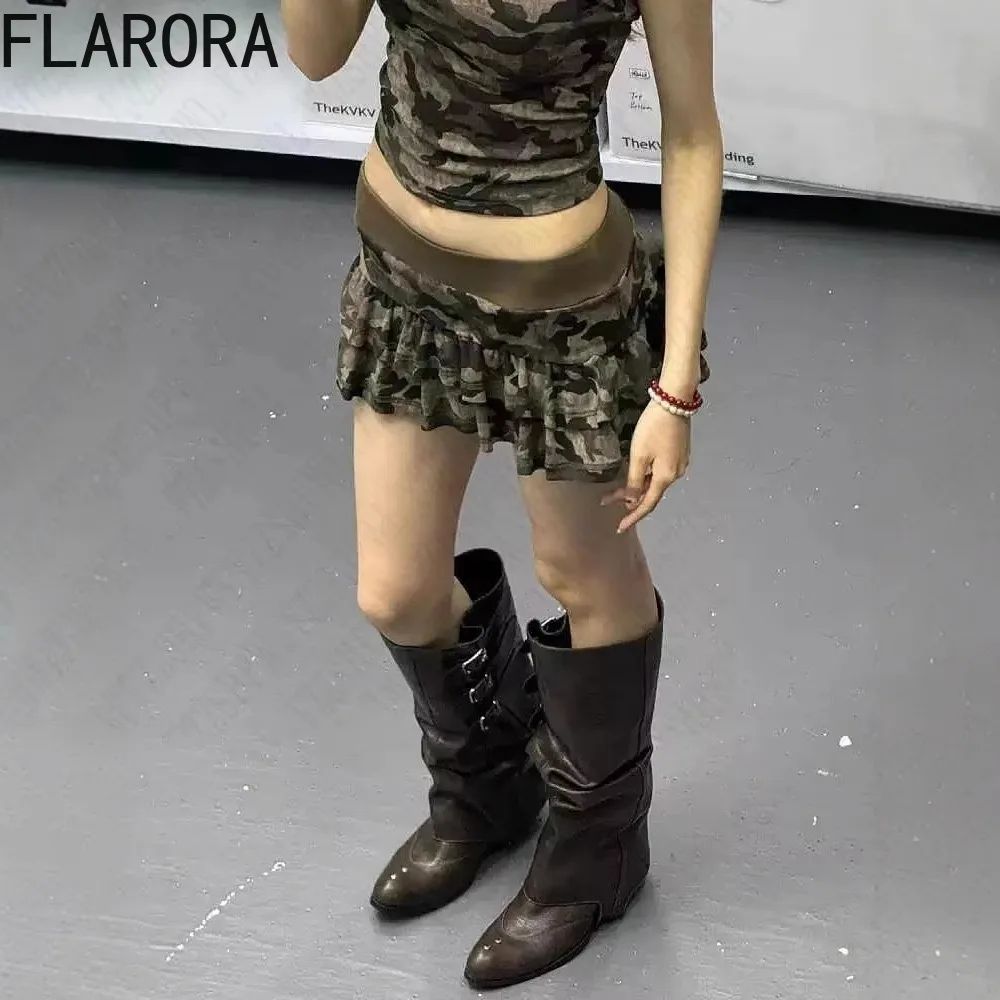 

FLARORA Retro Camouflage Two Piece Sets Woman Sleeveless Slim Crop Tops And A-line Pleated Skirts Outfits Female Y2k Streetwear